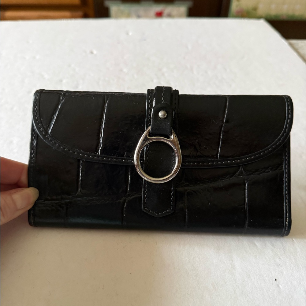 Dooney Bourke Black Crocodile Embossed Leather Trifold Clutch